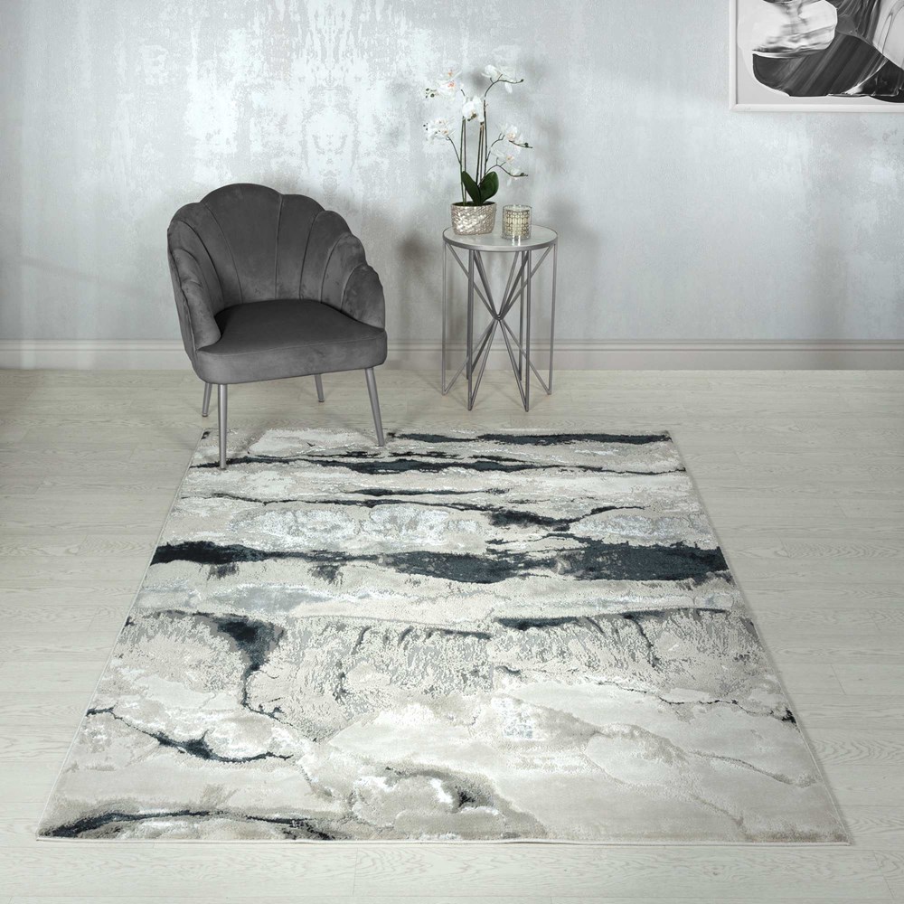 Aurora Quartz AU05 Marble Rugs in Metallic Silver Grey